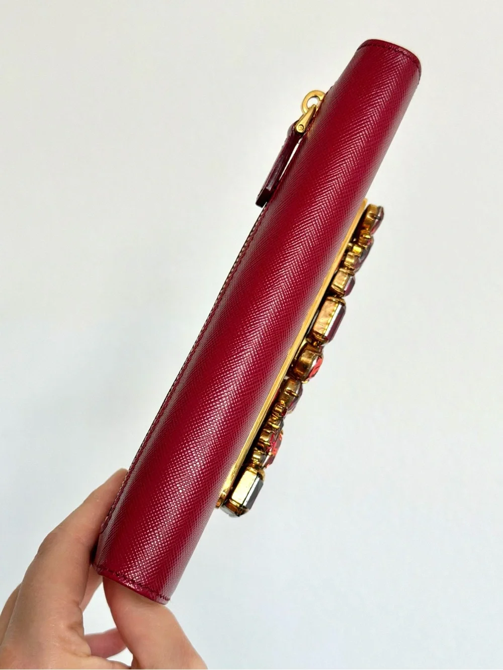 Prada Dark Red Leather Crystal Embellished Flap Continental Wallet